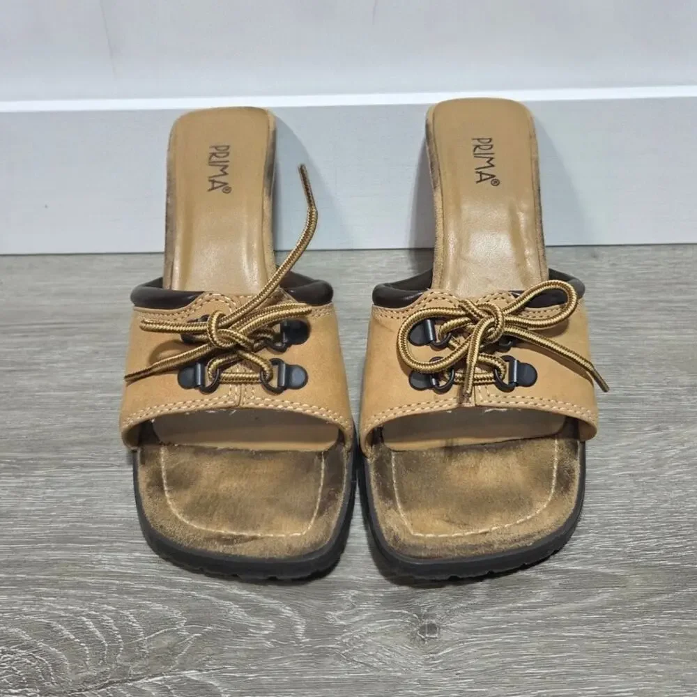 Prima Royale Tan Leather Open Toe Block Heel Sandal Size 8.5